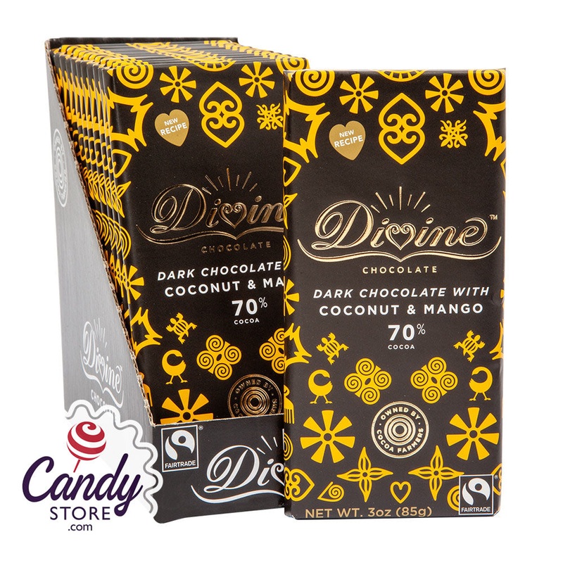 Divine 70% Dark Chocolate With Mango & Coconut 3oz Bar – 12ct