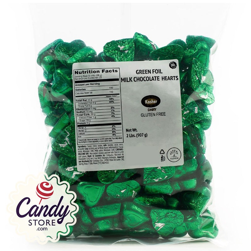 Green Foil Chocolate Hearts – 2lb Bulk