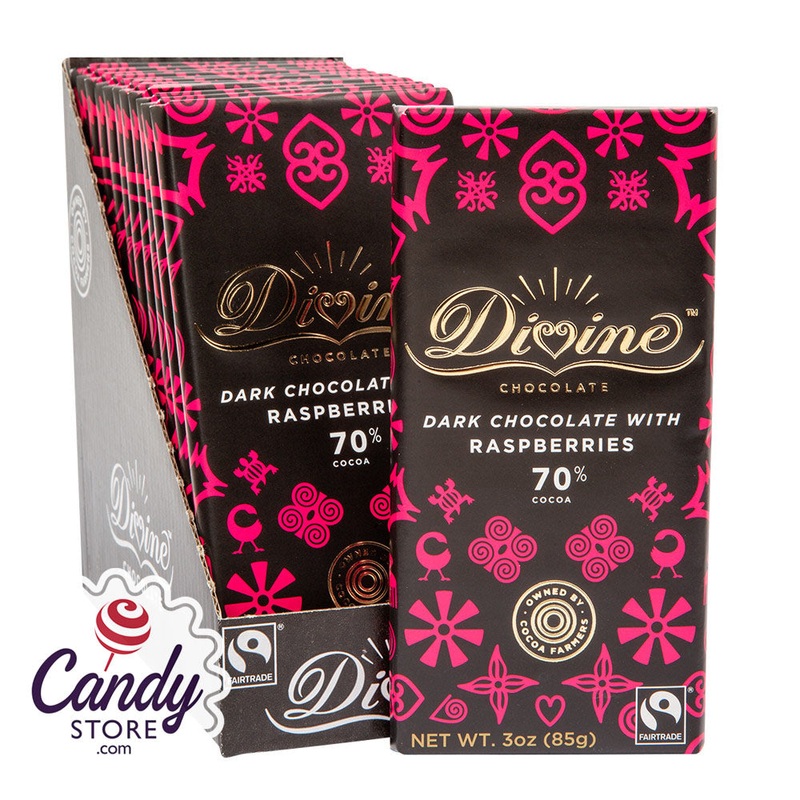 Divine 70% Dark Chocolate With Raspberries 3oz Bar – 12ct