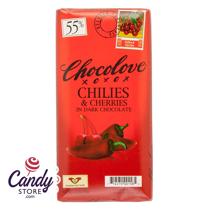 Chocolove Xoxo Chilis & Cherries Dark Chocolate Bars – 12ct