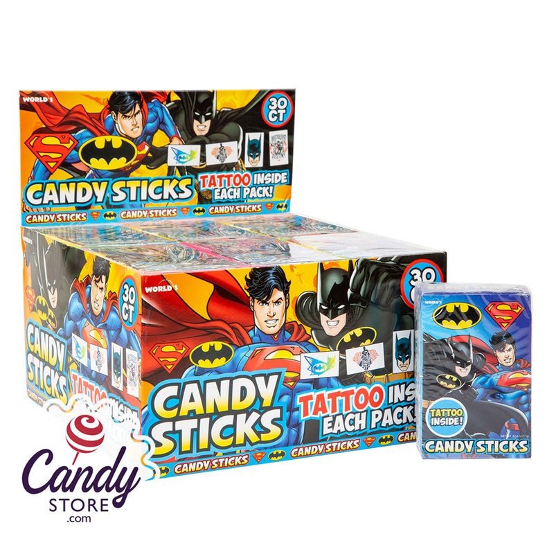 Superman & Batman Candy Sticks with Tattoos – 30ct