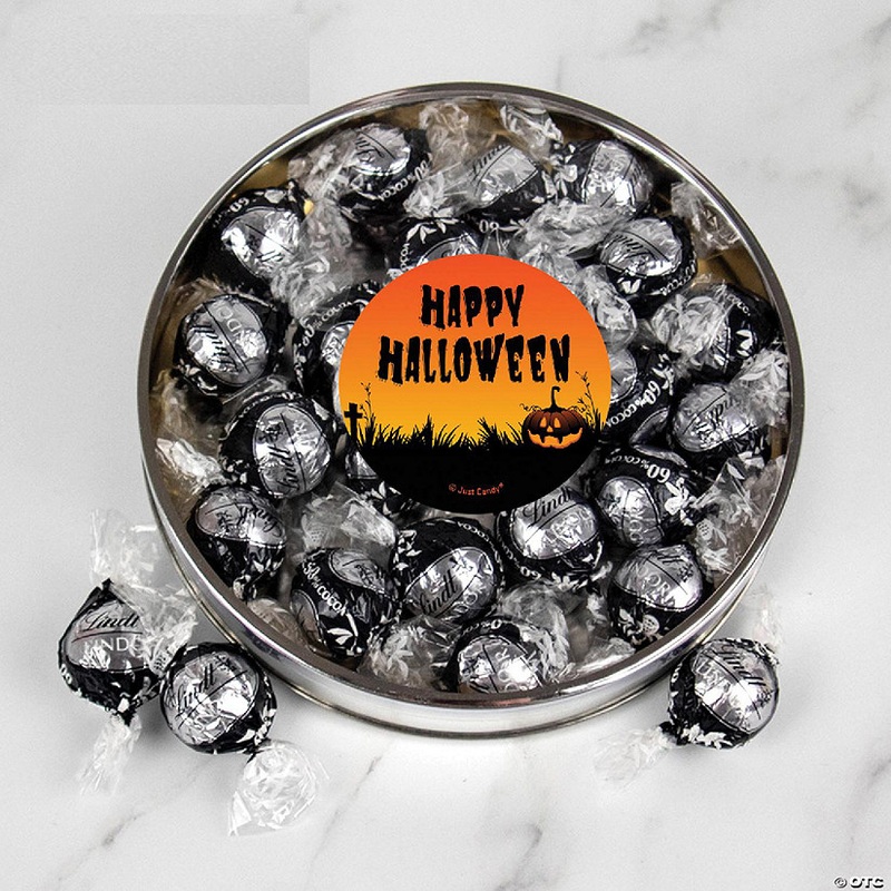 Halloween Candy Gift Tin with Chocolate Lindor Truffles by Lindt Large Plastic Tin with Sticker By Just Candy – Pumpkin