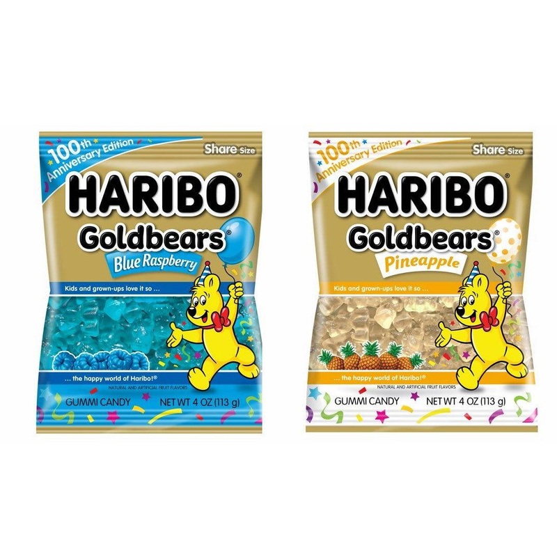 Haribo Blue Raspberry and Pineapple 100th Anniversary Gummi Bear 4 oz. Bags