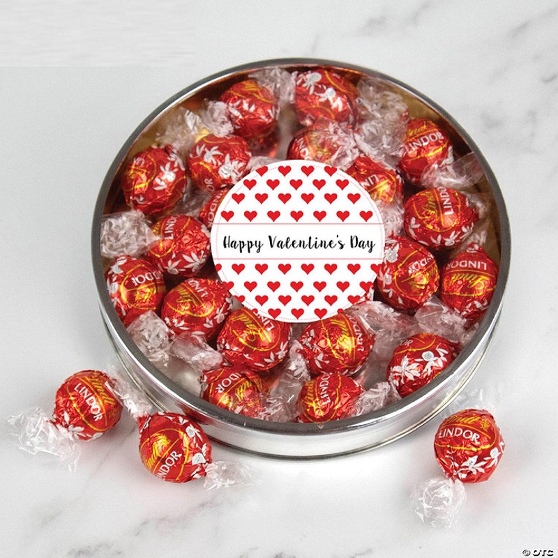 Valentine’s Day Candy Gift Tin with Chocolate Lindor Truffles by Lindt Large Plastic Tin with Sticker – Red Hearts