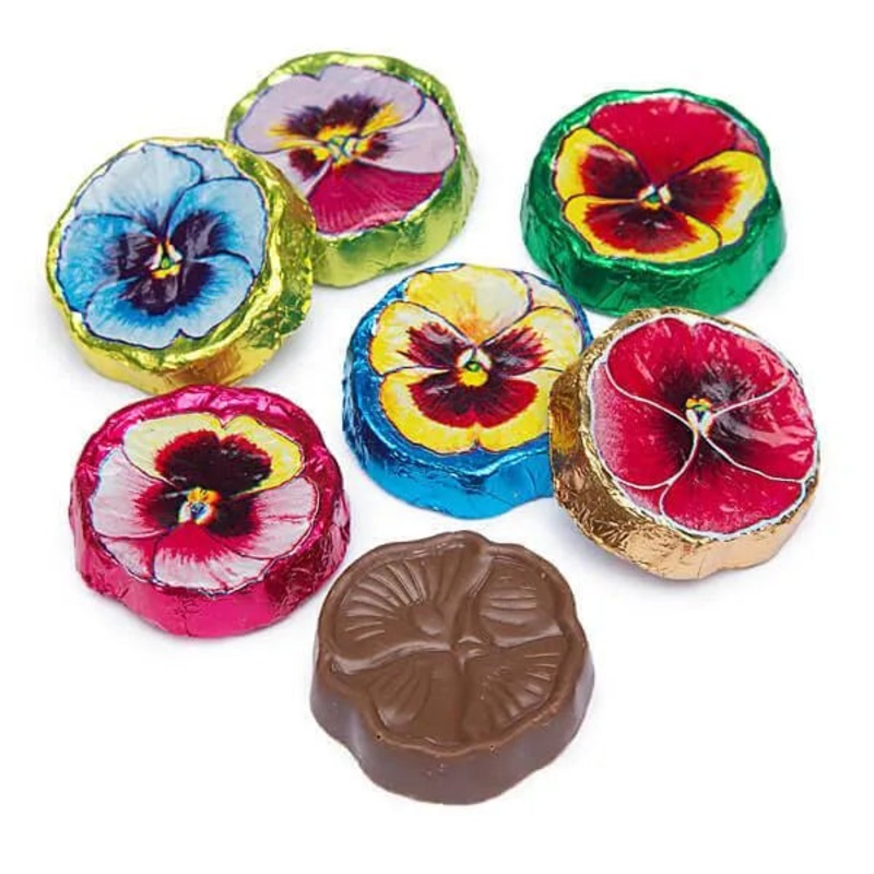 Madelaine Foiled Milk Chocolate Flower Wafers – Pansies: 5LB Bag
