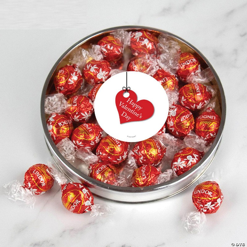 Valentine’s Day Candy Gift Tin with Chocolate Lindor Truffles by Lindt Large Plastic Tin with Sticker – Hanging Heart