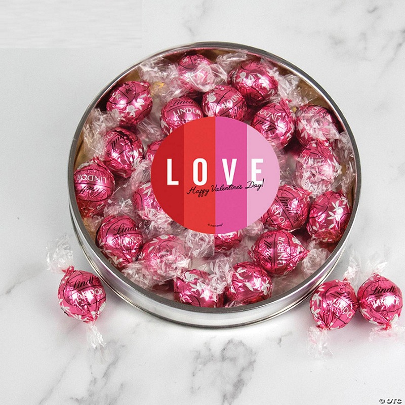 Valentine’s Day Candy Gift Tin with Chocolate Lindor Truffles by Lindt Large Plastic Tin with Sticker – LOVE