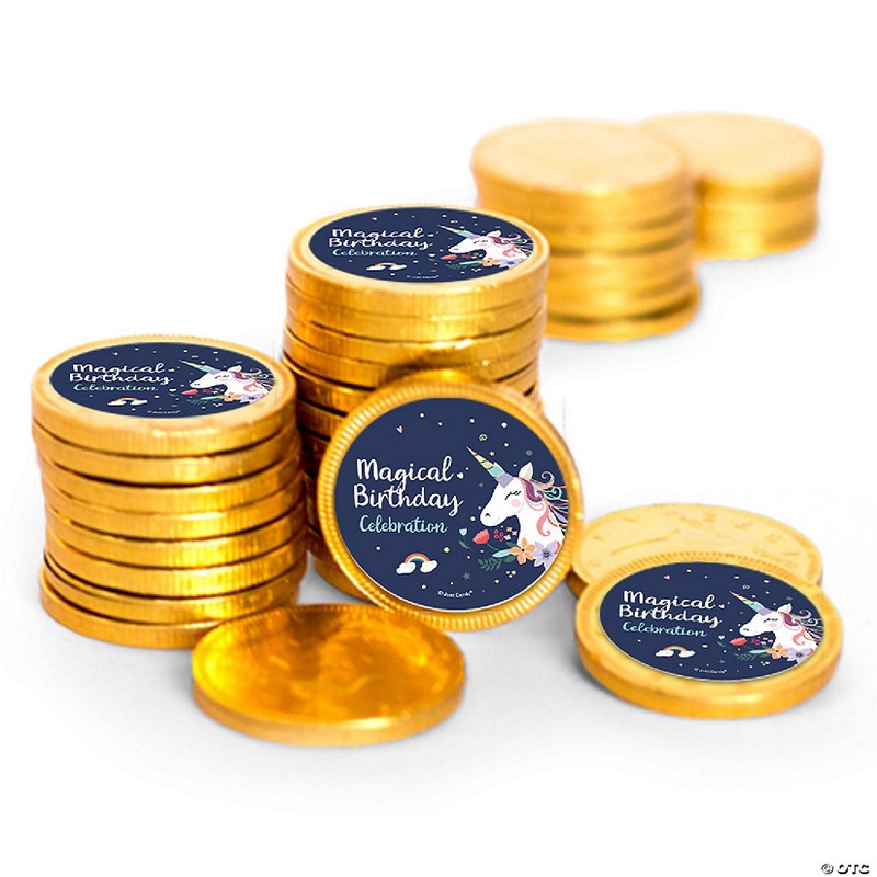 84 Pcs Navy Unicorn Kid’s Birthday Candy Party Favors Chocolate Coins with Gold Foil