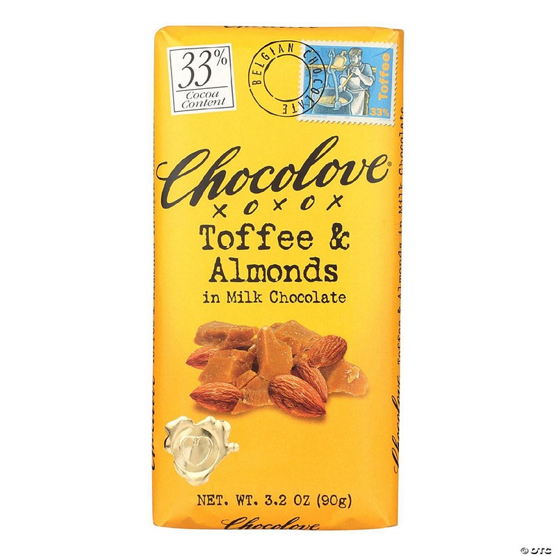 Chocolove Xoxox Premium Chocolate Bar Milk Chocolate Toffee and Almonds 3.2 oz Bars Pack of 12
