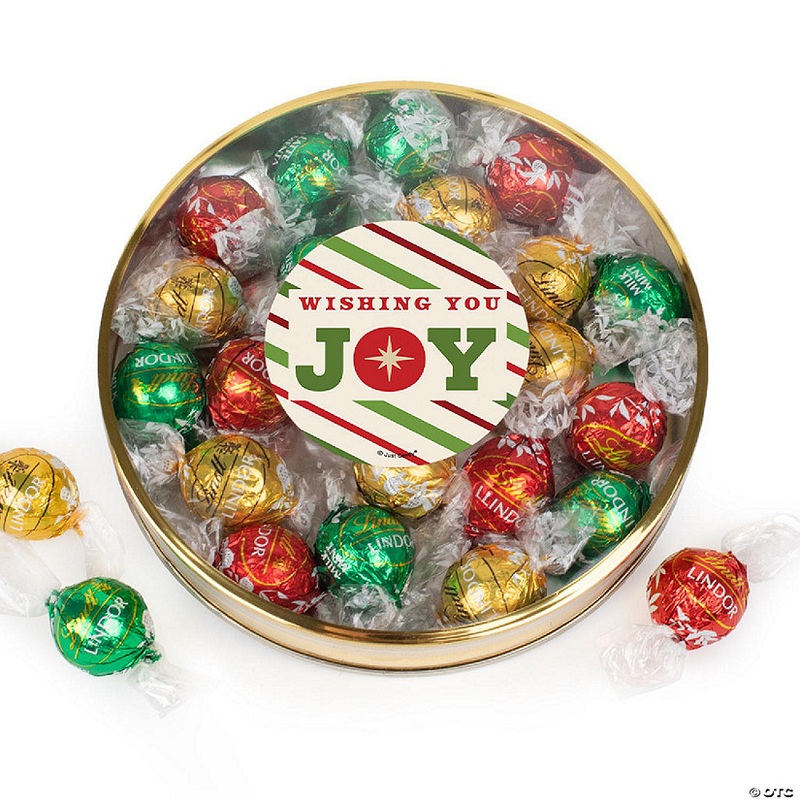 Christmas Candy Gift Tin with Chocolate Lindor Truffles by Lindt Large Plastic Tin with Sticker By Just Candy – Joy