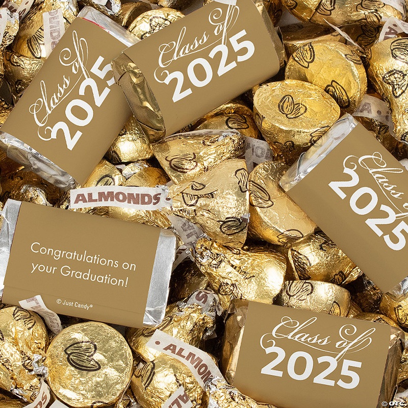 Just Candy 3 lbs Gold Graduation Candy Party Favors Class of 2025 Hershey’s Miniatures & Kisses (approx. 248 Pcs)