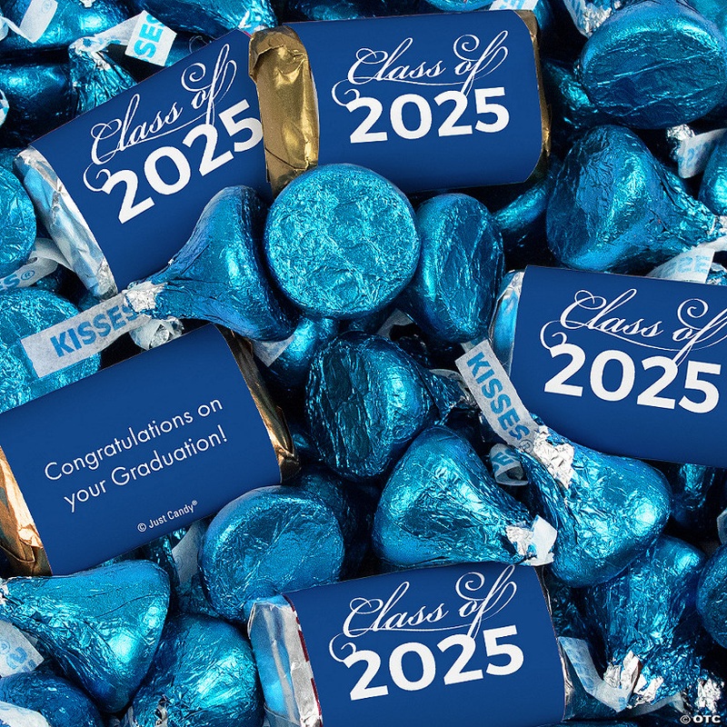 Just Candy 3.16 lbs Blue Graduation Candy Party Favors Class of 2025 Hershey’s Miniatures & Blue Kisses (approx. 256 Pcs)