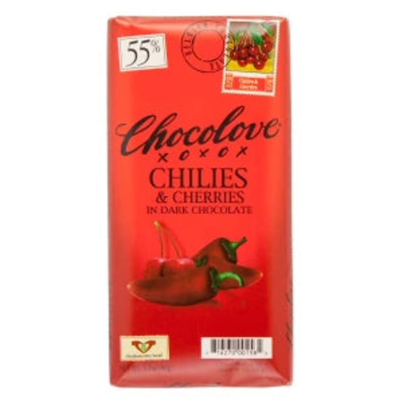 Chocolove Chilies & Cherries Dark Chocolate Bar
