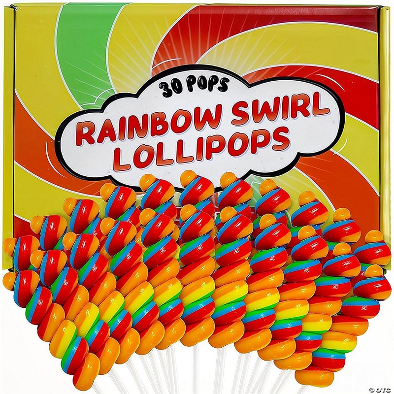 Primary Colors Candy 30pk MultiFruit Swirl Lollipops  Rainbow Lollipops for Birthday & Party Favors