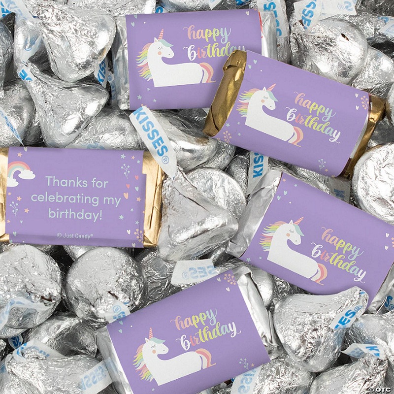 124 Pcs Unicorn Kid’s Birthday Candy Party Favors Wrapped Hershey’s Miniatures and Kisses by Just Candy (1.52 lbs)