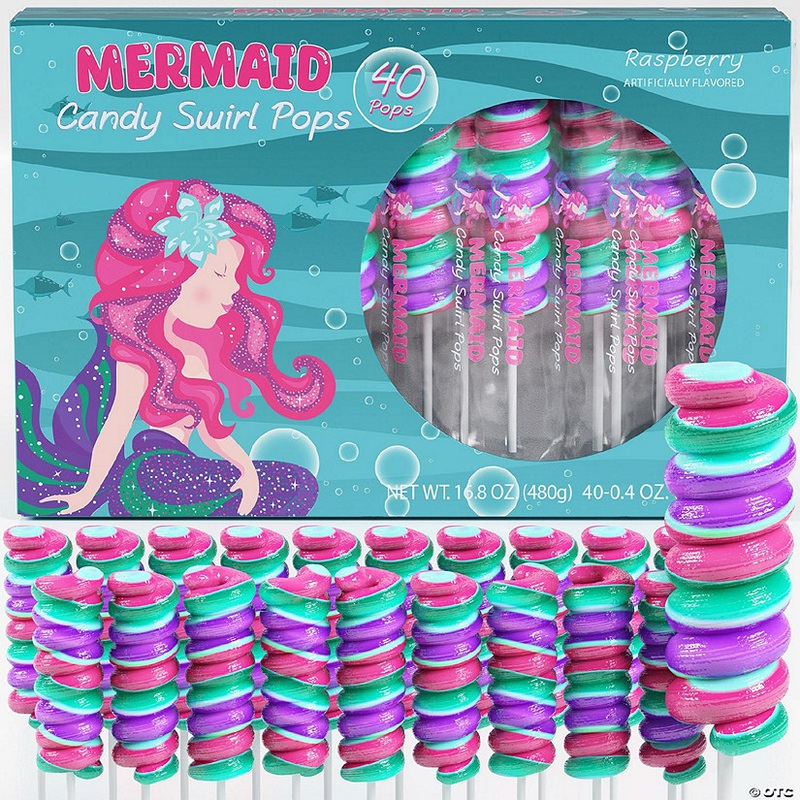 Mermaid Lollipops 40pk – Swirl Candy for Little Mermaid Party Favors & Supplies – Mermaid Suckers, Snacks & Treats