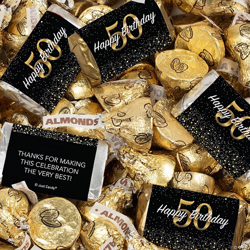 128 Pcs 50th Birthday Candy Party Favors Miniatures & Gold Almond Kisses (1.58 lbs)