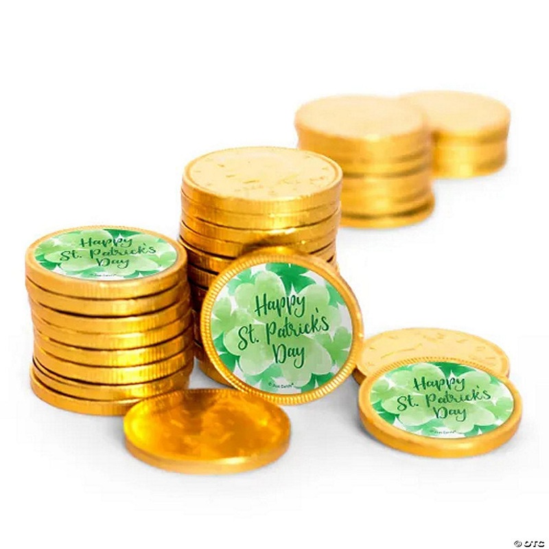 St. Patrick’s Day Candy Chocolate Coins with Water Color Clover Stickers by Just Candy (84 pieces)