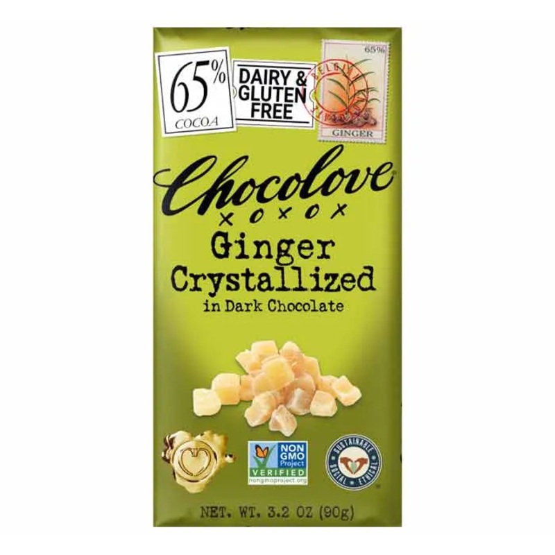 Chocolove Ginger Crystallized Dark Chocolate Candy Bars: 12-Piece Box