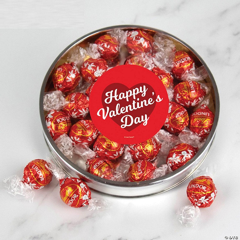 Valentine’s Day Candy Gift Tin with Chocolate Lindor Truffles by Lindt Large Plastic Tin with Sticker – Script Heart
