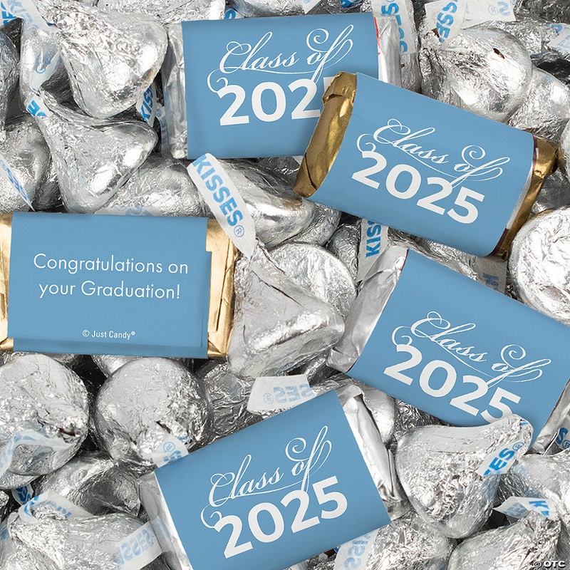 Just Candy 1.5 lbs Light Blue Graduation Candy Party Favors Class of 2025 Hershey’s Miniatures & Light Blue Kisses (approx. 124 Pcs)