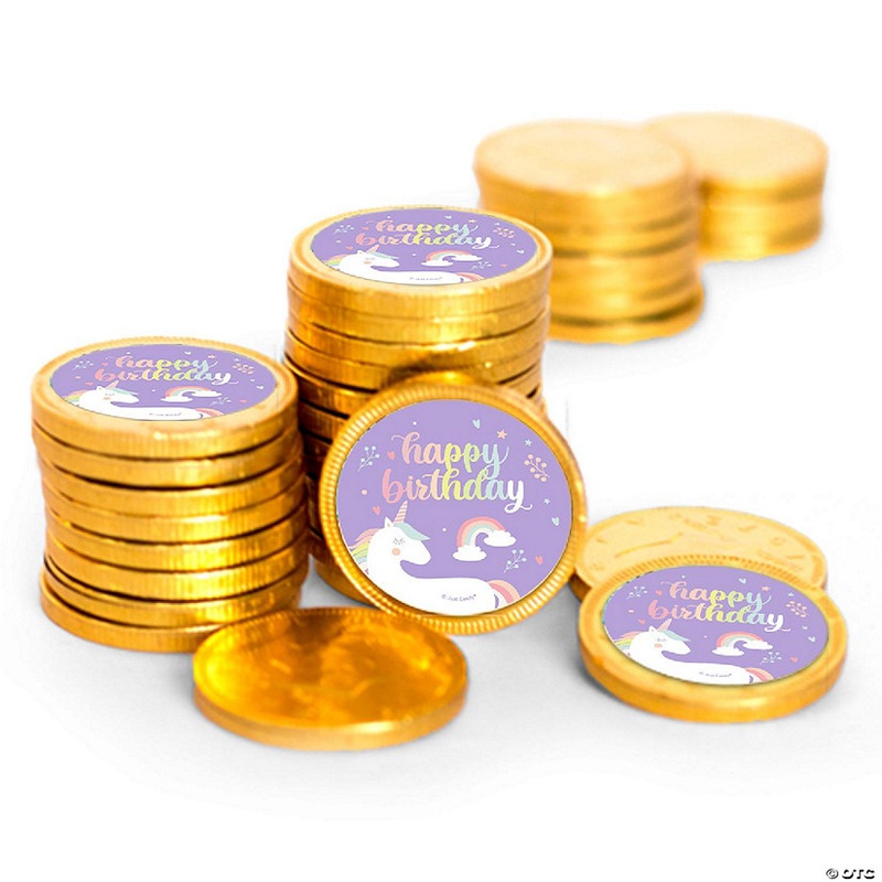 84 Pcs Unicorn Kid’s Birthday Candy Party Favors Chocolate Coins (84 Count) – Gold Foil – By Just Candy