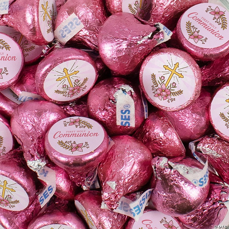 90 Pcs Girl First Holy Communion Candy Party Favors Milk Chocolate Hershey’s Kisses with Stickers – Pink