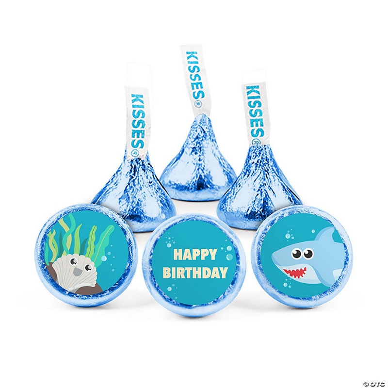 90ct Boy Shark Birthday Candy Party Favors Hershey’s Kisses Milk Chocolate (90 Candies + 1 Sheet Stickers) – Assembly Required – by Just Candy