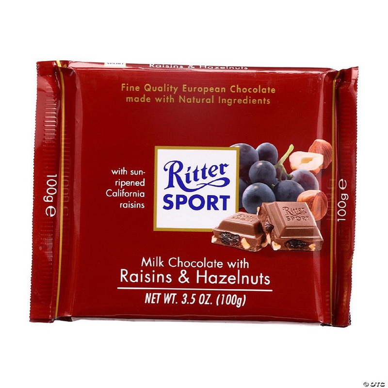 Ritter Sport Chocolate Bar – Milk Chocolate – Raisins and Hazelnuts – 3.5 oz Bars – Case of 12