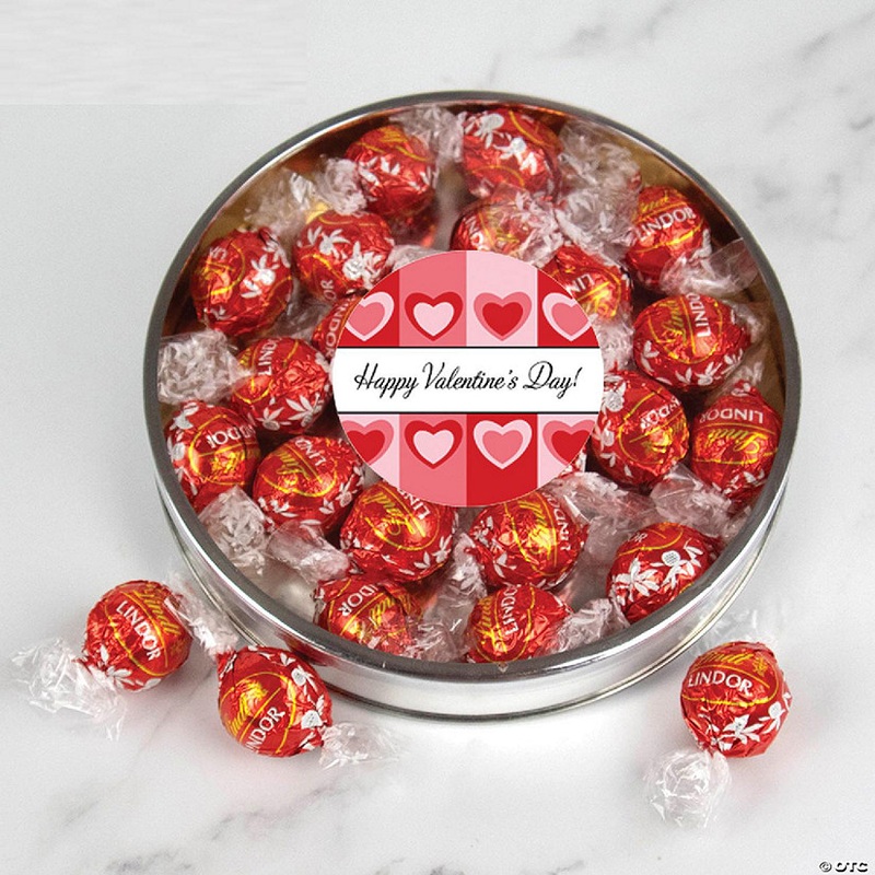Valentine’s Day Candy Gift Tin with Chocolate Lindor Truffles by Lindt Large Plastic Tin with Sticker – Pink & Red