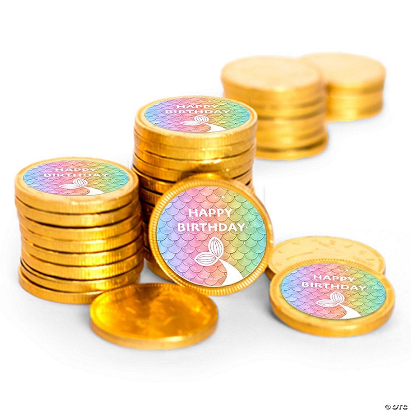 84ct Rainbow Mermaid Kid’s Birthday Candy Party Favors Chocolate Coins (84 Count) – Gold Foil – By Just Candy