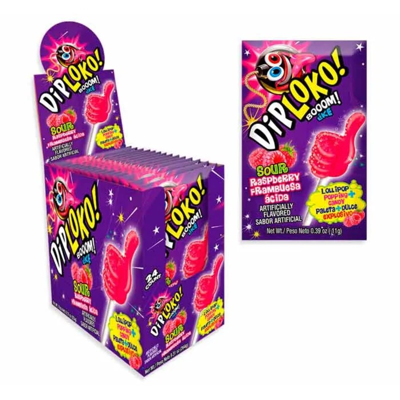 Dip Loko Lollipop with Popping Candy – Sour Raspberry: 24-Piece Box