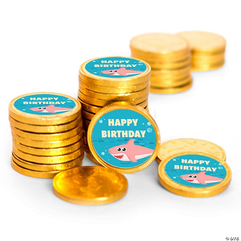 84 Pcs Pink Shark Kid’s Birthday Candy Party Favors Chocolate Coins with Gold Foil