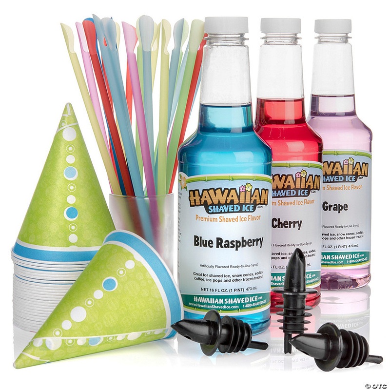 Hawaiian Shaved Ice Syrup 3 Pack with Accessories, Cherry, Grape, Blue Raspberry, 25 spoonstraws, 25 paper cups, 3 bottle pourers