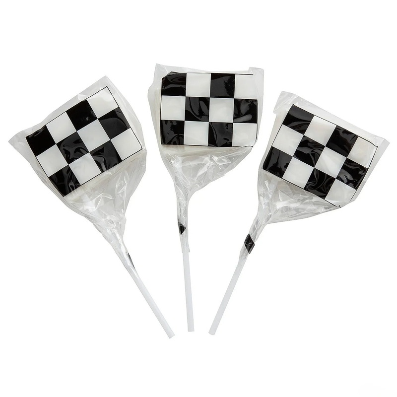Black & White Checkered Flag-Shaped Lollipops: 12-Piece Bag