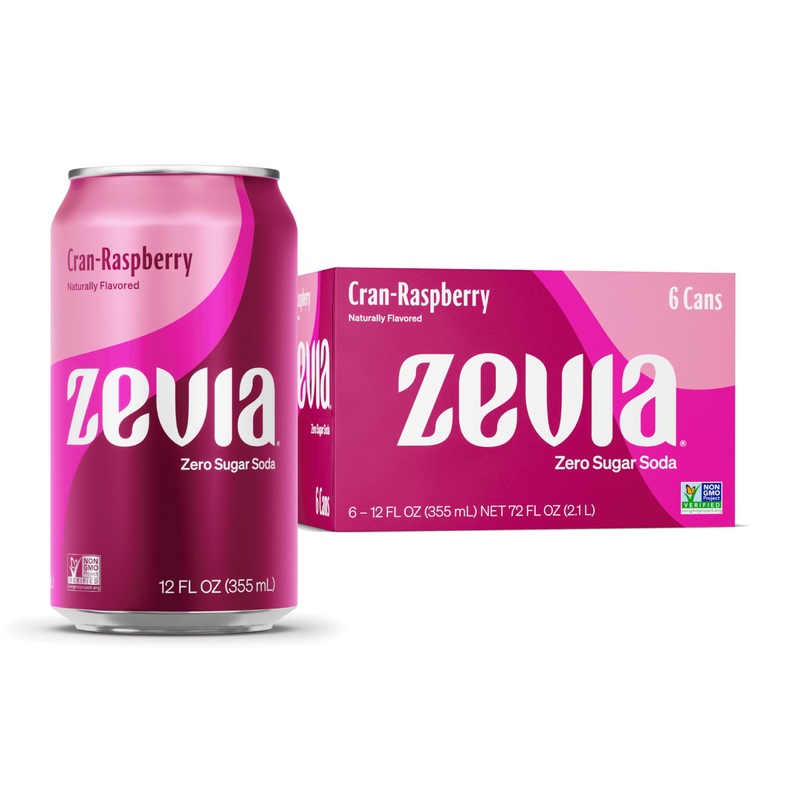 Zevia Zero Sugar Soda, Cran-Raspberry, 12 Oz Cans (6-Pack) – Naturally Sweetened, Zero Calorie Sugar Free Soda – Non-Gmo Project
