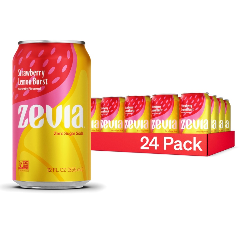 Zevia Zero Sugar Soda, Strawberry Lemon Burst, 12 Oz Cans (24-Pack) – Naturally Sweetened, Zero Calorie Sugar Free Soda – Non-Gm