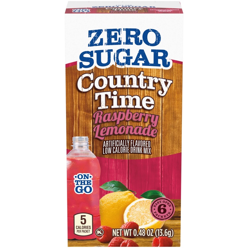 Country Time Zero Sugar Raspberry Lemonade Powdered Drink Mix, 6 Ct On-The-Go Packets, 8 Per Case