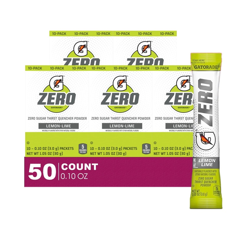 Gatorade Zero 50- Count Of Zero Lemon-Lime Thirst Quencher Electrolyte Enhanced Sports Drink Powder 0.10Oz Packet