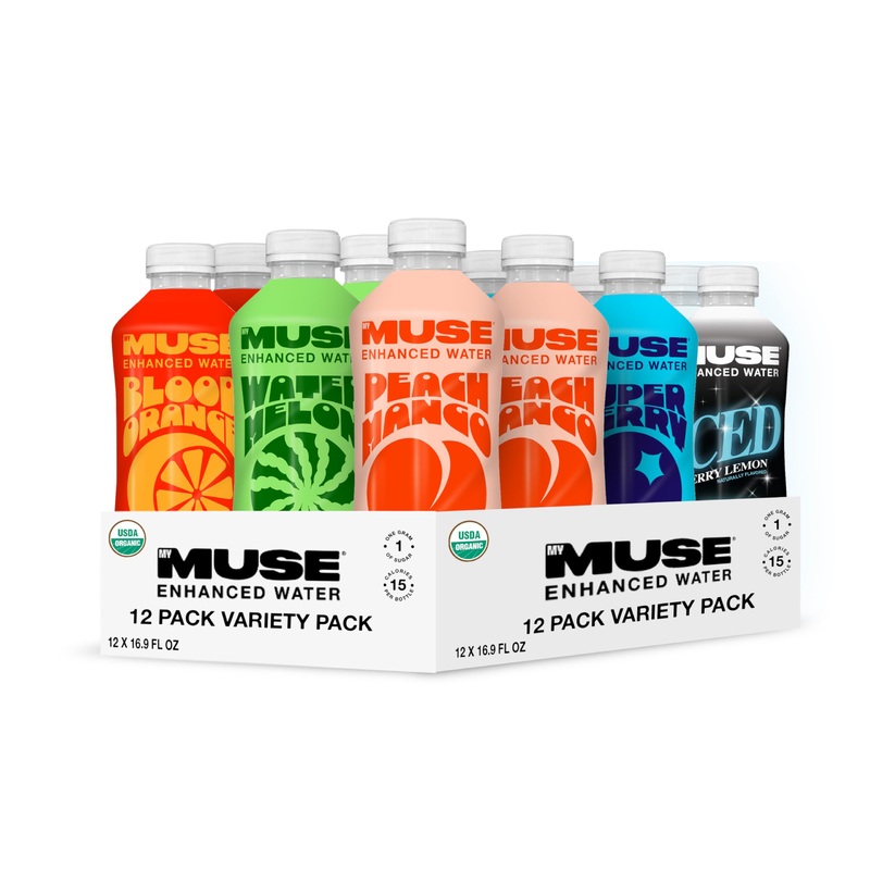 Mymuse Organic Enhanced Flavored Water, Variety Pack, 16.9 Fl Oz Bottle (12 Pack), 1G Of Sugar, Immune Support With Zinc & Elder