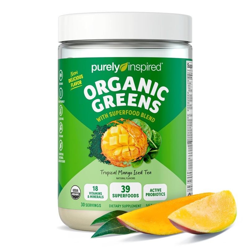 Purely Inspired Organic Green Powder Smoothie Mix, Tropical Mango Iced Tea Flavor (30 Servings) – Probiotics For Digestive Healt