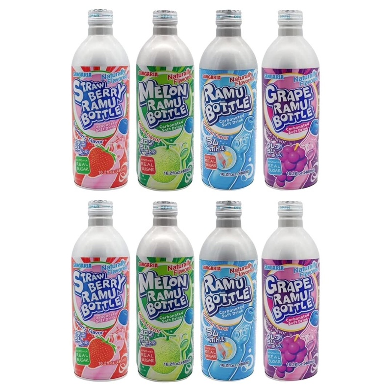 Sangaria Ramune Japanese Soft Drinks Mix Combo, Ramu Bottle, Carbonated, 16.2 Fl Oz (Pack Of 8)
