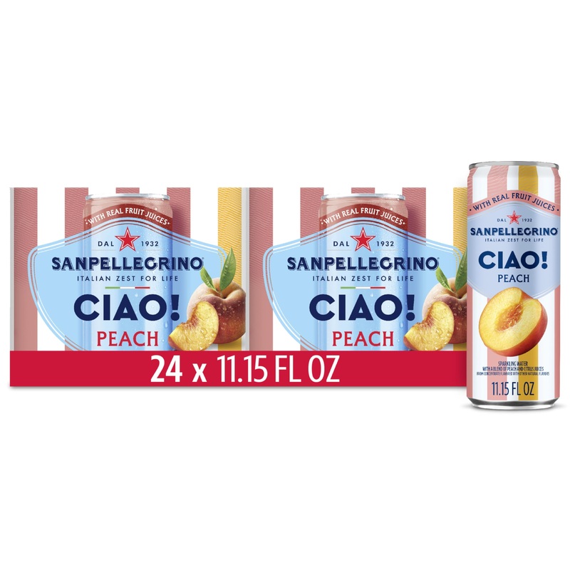 Sanpellegrino Ciao Peach Sparkling Water, Low-Calorie Italian Sparkling Water With Real Fruit Juices, 0G Added Sugar, 24-Pack