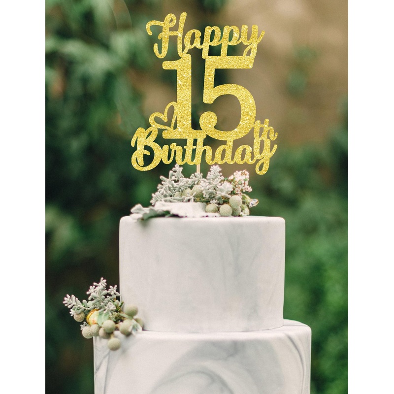 15Th Birthday Cake Topper – Double Sided Gold Glitter, Happy 15Th Birthday Cake Topper For Girls,15 Cake Decorations For Girls,