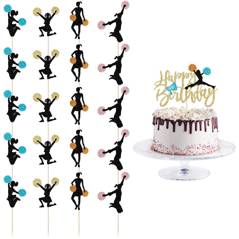 21 Piece Set Cheerleader Happy Birthday Cake Topper-Cheerleading Gymnastics Cupcake Top Hat -Cheerleader Gymnast Girl Cake Selec