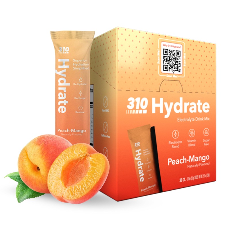 310 Hydrate Peach Mango Electrolytes Powder Packets – No Sugar Hydration Packets With Key Vitamins & Minerals – Keto Friendly –