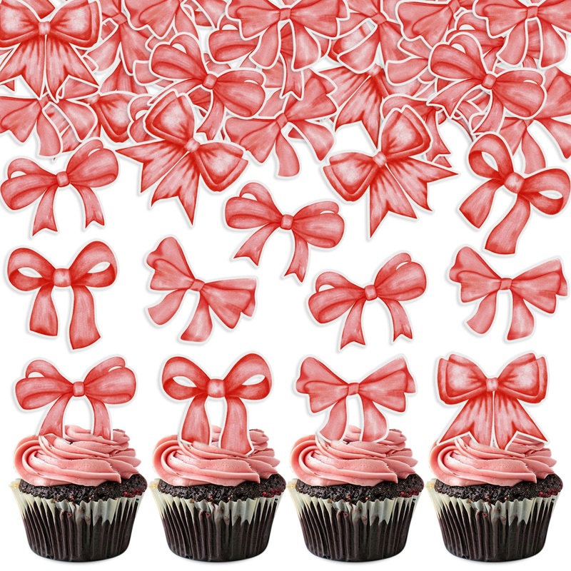 Cyodoos 40Pcs Edible Red Bowknot Cupcake Toppers Wafer Paper Bowknot Cake Dessert Picks Baby Shower Princess Cupcake Toppers For