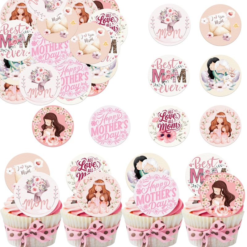 Fyeoxle 36Pcs Edible Floral Happy Mother’S Day Cupcake Toppers Wafer Paper Love Mom Thank You Mom Cupcake Picks Edible Flower Mo
