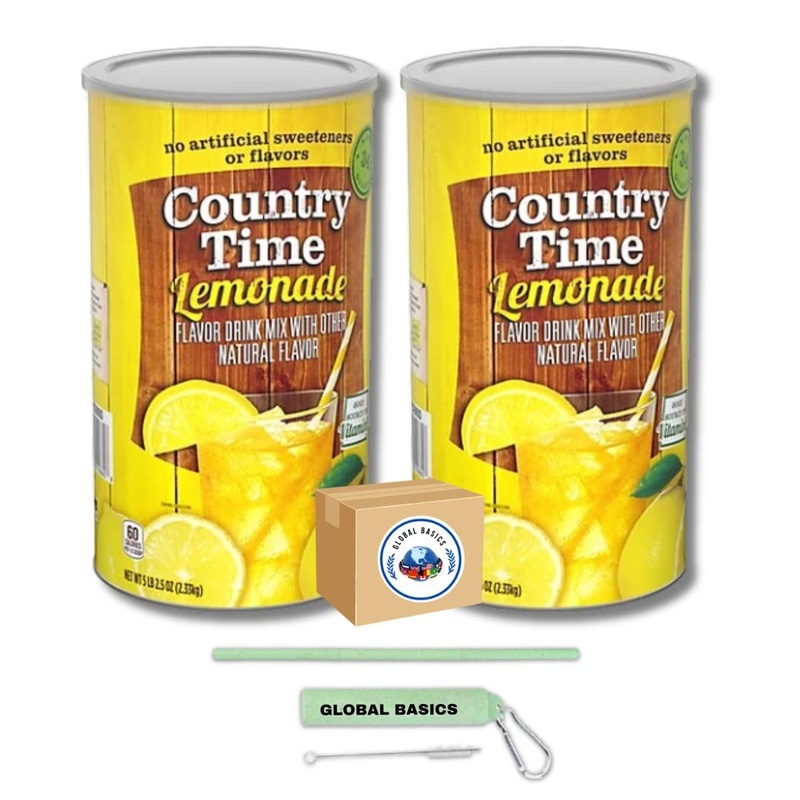 Global Basics 2 Pack Of 82.5 Oz Country Time Lemonade Mix | 2 Canisters, 165 Oz Total | Includes A Global Basics Reusable Straw