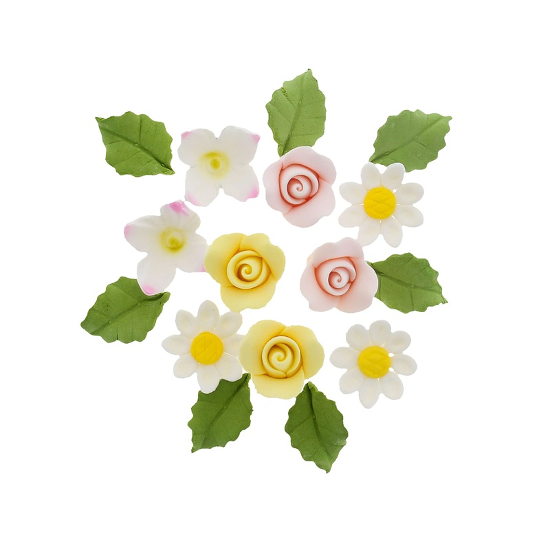 Global Sugar Art Summer Blossom, Roses And Leaves Edible Sugar Cake & Cupcake Flowers, Assorted Colors, Small Unwired, 42 Count